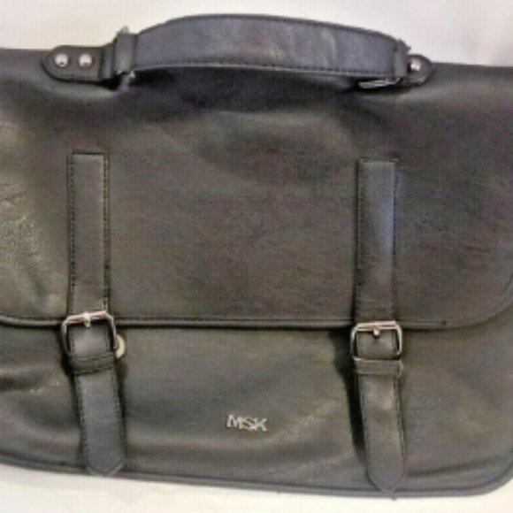 MSK Black Soft Leather Fold Over 14" Briefcase bag - Picture 4 of 8